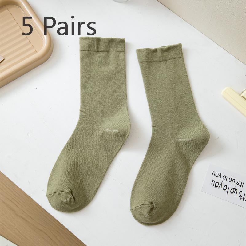 5 Pairs Socks Women's Mid-calf Socks Autumn and Winter Solid Colour Cotton Thickened White Thigh-high Stacked Socks Morandi Bone-less Monthly Socks