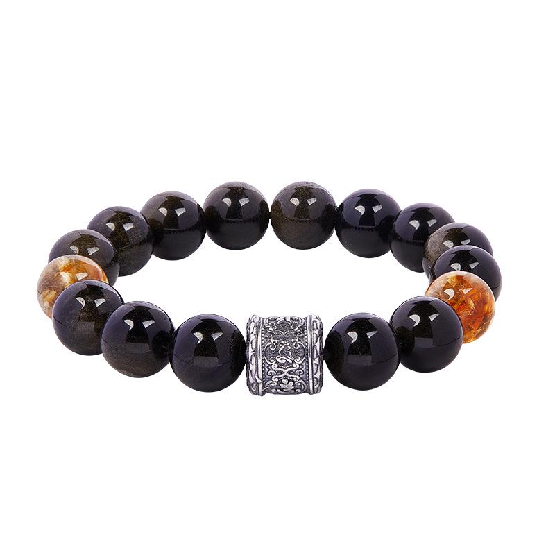 Herren High-End Retro Chinesischer Stil Armband: 999 Sterlingsilber mit natürlichem goldenem Obsidian und gelben Turmkristallperlen