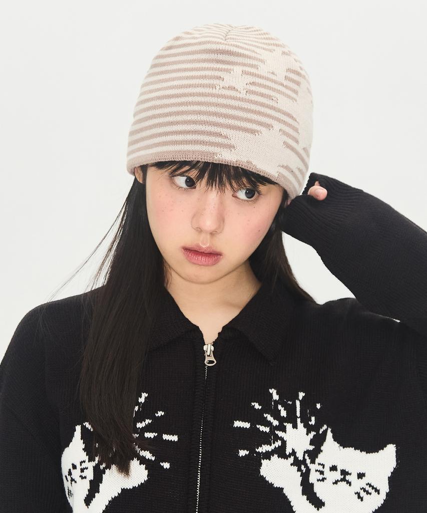 VIDEO JOCKEY Striped Star Beanie [Brown]