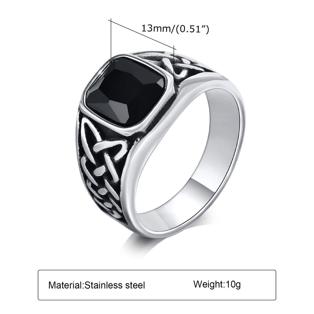 Punk Vintage Ethnic Rings for Men Retro Viking Knot Rune Finger Band, Black Geometric Square Stone Signet Ring Jewelry