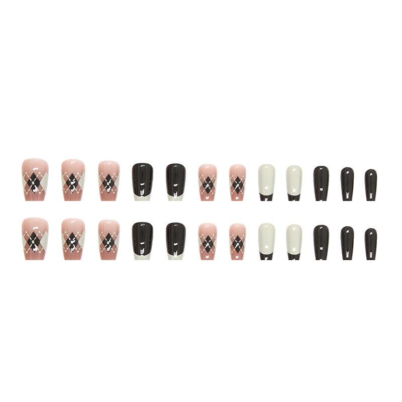 24 Pieces White French Manicure Autumn and Winter Atmosphere Wearing Nail Rhombus Plaid Simple Beige Brown Chestnut Retro Manicure Piece