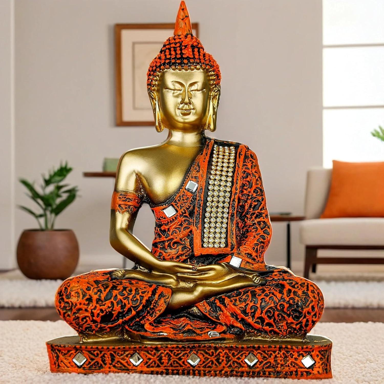 

@ Sitting Buddha Statue Orange Golden Showpiece 452Gm Zr-8092-60%Off