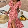 YYFS Women's Fashion Summer Spring Floral Print Short Sleeve V-Neck High Waist Vacation Casual Dresses