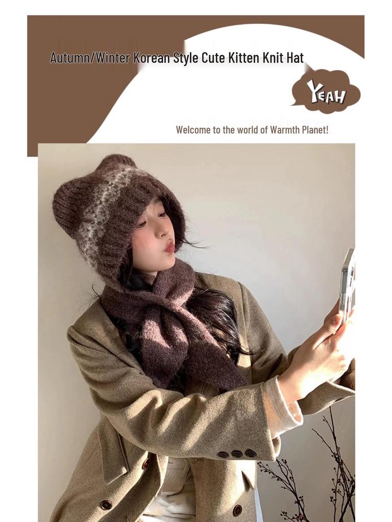 Damen Niedliches Wollmischung Bärenmütze & Schal Set - Winter Warm, Figurbetont & Gestrickt mit Ohrenklappen.