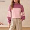 ZANZEA Women Casual Stand Collar Patchwork Loose Long Sleeve Tee Tops