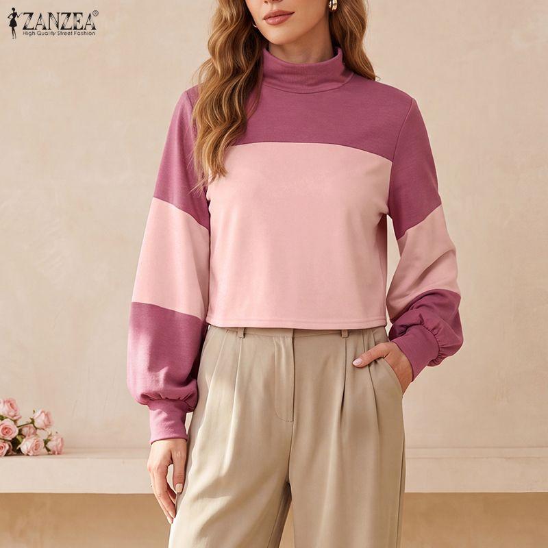 ZANZEA Women Casual Stand Collar Patchwork Loose Long Sleeve Tee Tops