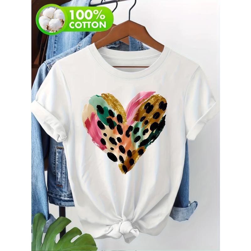 100% Women s T-Shirt, Abstract Brushstroke Leopard Heart Print Short Sleeve Tee, Casual Crew Neck Tops S белый