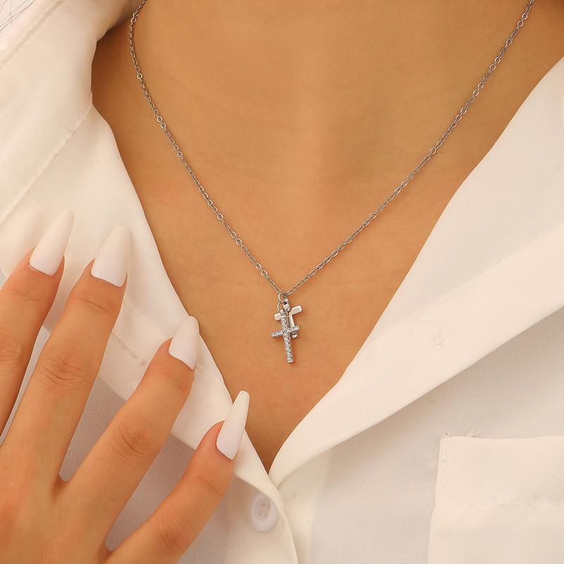 Luxury Stainless Steel Double-Layer Cross Pendant Necklace for Women Shiny Cubic Zirconia Geometric Clavicle Chain Daily Jewelry