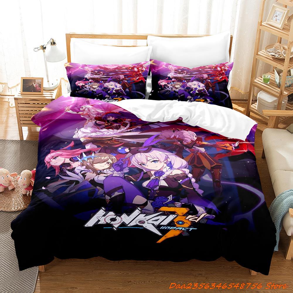 Bettdecke Honkai Impact 3 Bettwäsche-Set Cartoon Anime Dreiteiliges Set Erwachsener Kind Schlafzimmer Bettdecken-Sets 3D Kawaii Mädchen Niedlich Damen Bettwäsche-Set