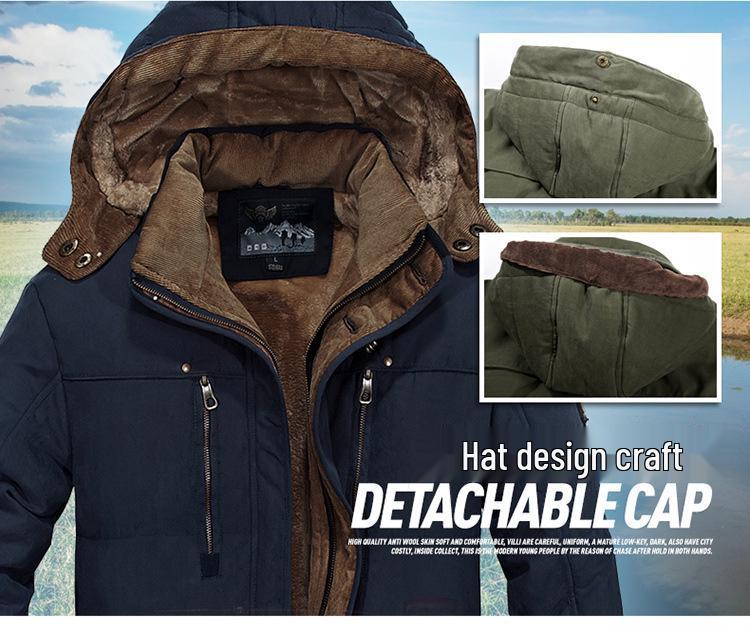 Men's Mid-Length Winter Cotton Coat with Velvet, Multi-Pocket, Thickened, Plus Size - Ideal for Middle-Aged and Elderly