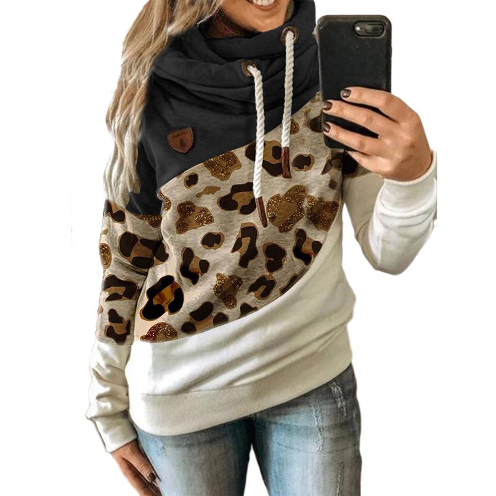 Frauen Leopardenmuster Patchwork Hoodie Kordelzug Rollkragen Kapuzenpullover Sweatshirt