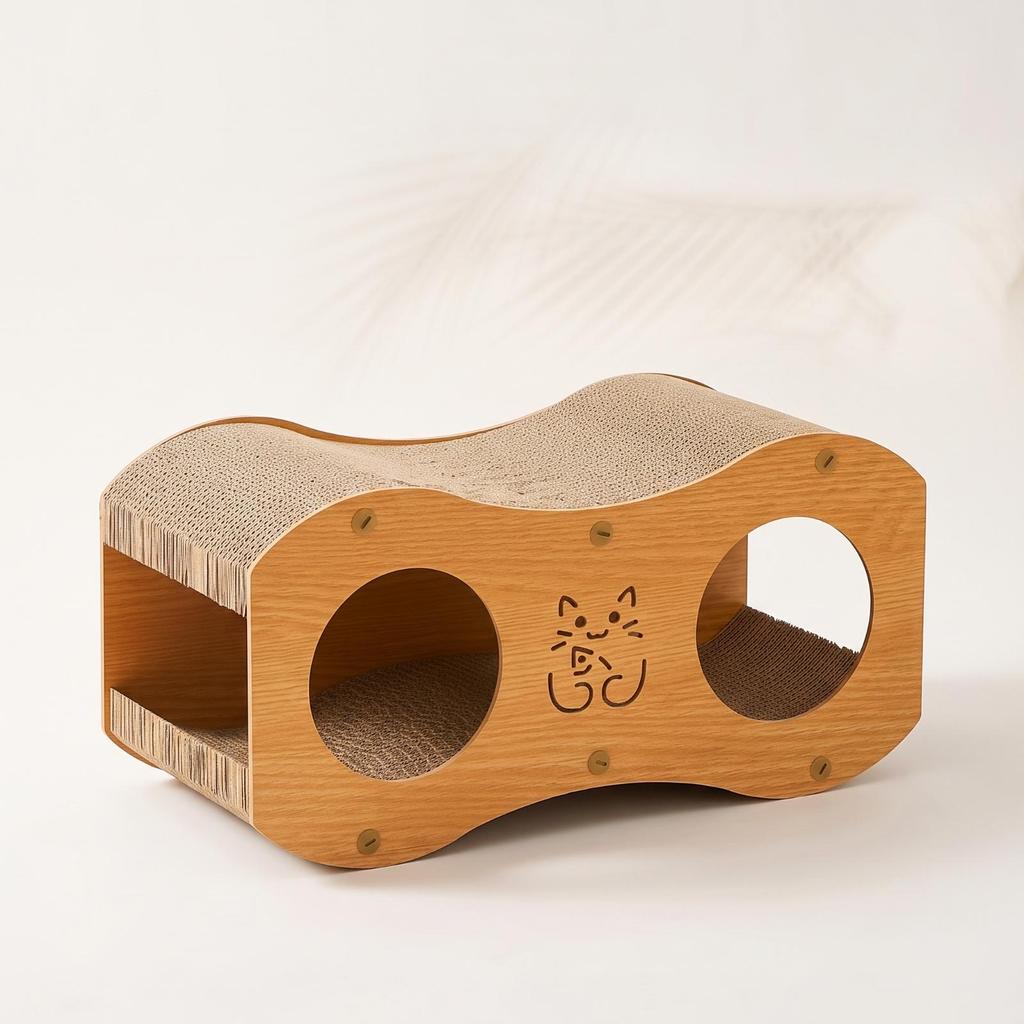 Cat Scratcher House with Tunnel Wood-Grain Pet