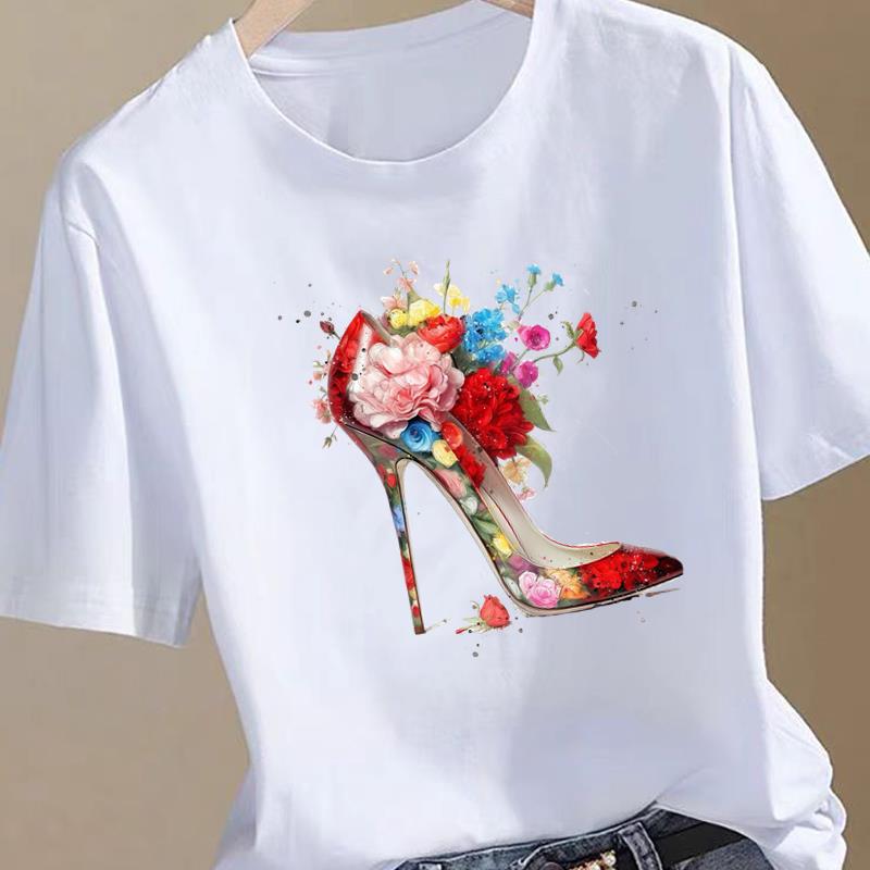 (Rozmiar azjatycki) Moda damska Print Kobiecy słodki kwiatowy lata 90. Ubrania Koszulka T-shirt Top Kobieta Krótki rękaw Graficzne koszulki