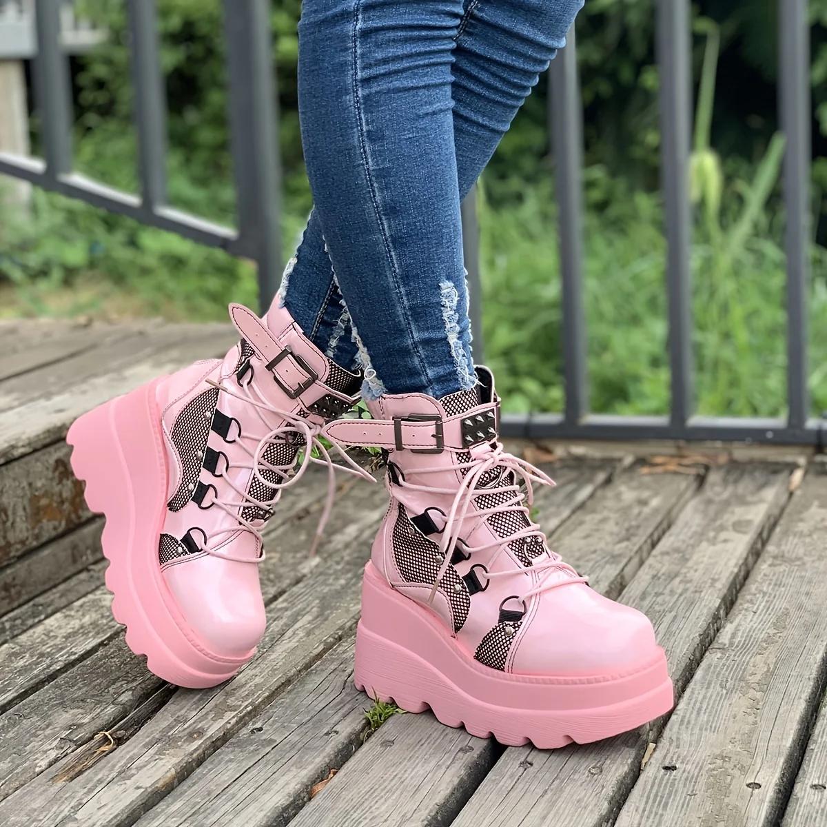 

Punk Style Women s Ankle Boots with Studded Buckle Decor and Wedge Heel 36 белый