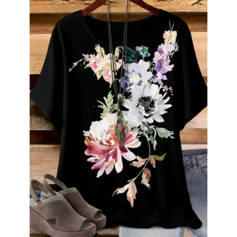 White Watercolor Flower Print T-Shirt, Women's Casual Loose Short Sleeve Crew Neck Top, Plus Size Summer Floral Blouse