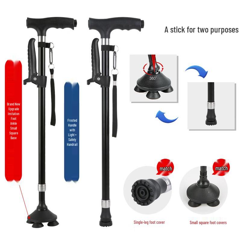 KODENOR Adjustable Quad Walking Cane with LED Light