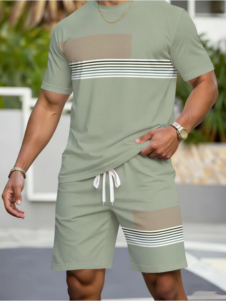 Casual Stripe Printed T-Shirt Shorts Loose Men's Short Sleeve Tee Elastic Waist Shorts Set Sports Clothes