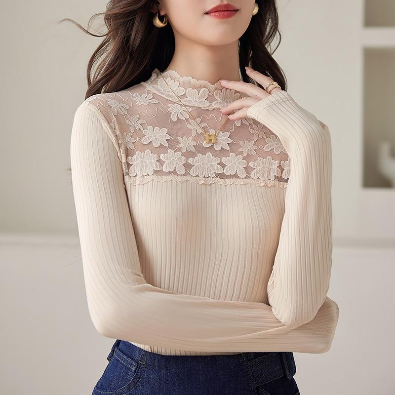 Black Bottoming Shirt Women's New High-end Splicing Top, Semi-turtleneck T-shirt In Autumn and Winter