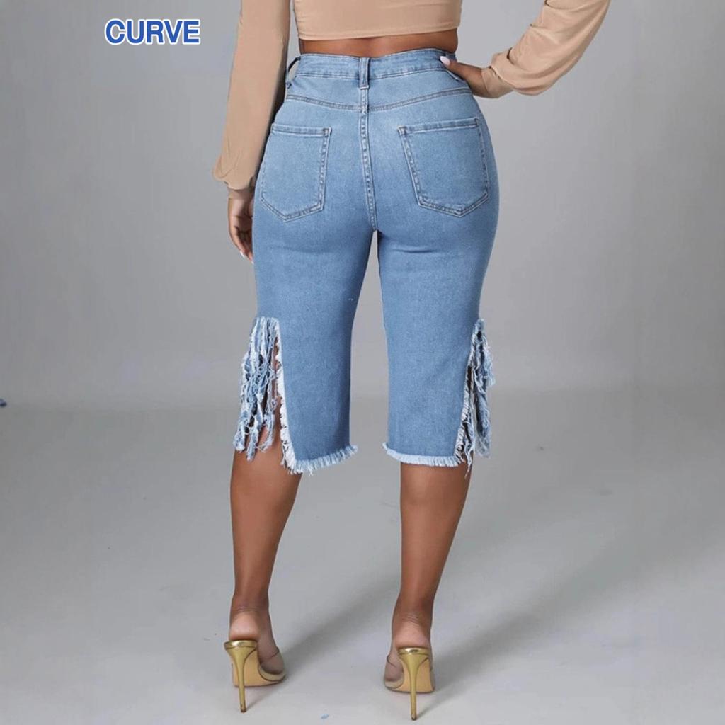 Damen High Waist Denim Capri-Hose Lockere Bermuda-Jeans Mit Rissigem Fransenbesatz Leichte Dehnung Große Größen Unterteile Für Herbst Street Style