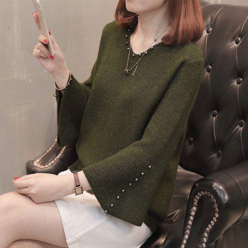 Spring and Autumn Pullover Sweater for Women, Versatile and Loose Korean Style with Beaded Sleeves Short V-neck Base Knit Sweater Trend