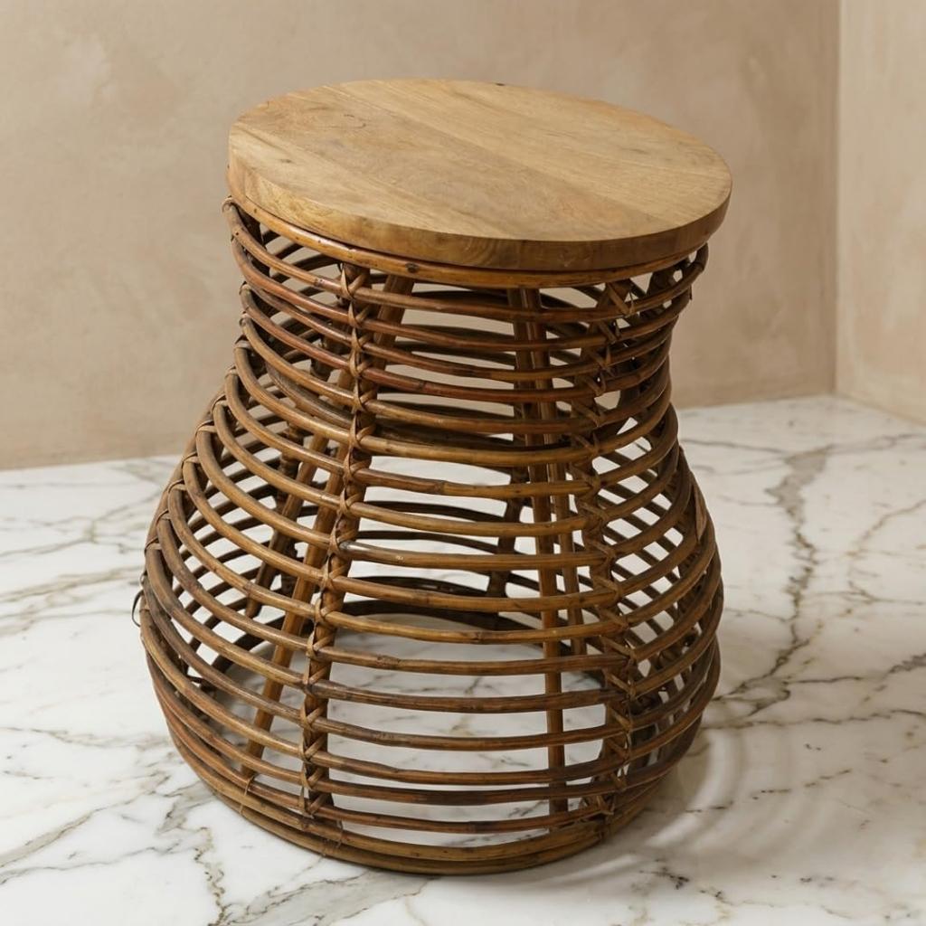 Eco Decx Rattan Woven Plant Stand for Living Room | Indoor Outdoor Bamboo Plant Stand with Tiered Design & Wooden Top |  46 X 46 X 57 Cm