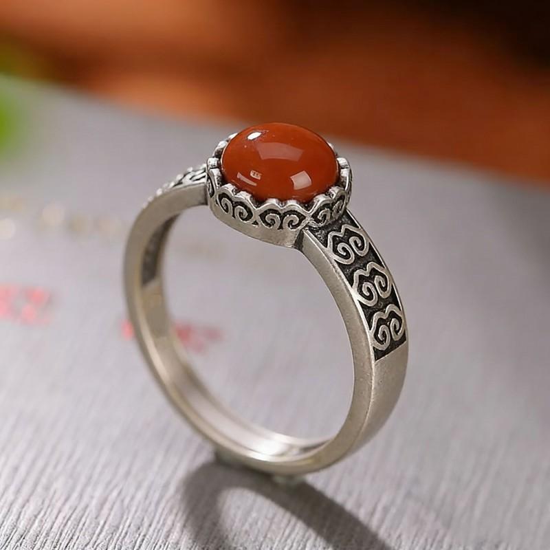 Adjustable Vintage Ethnic Style Red Agate Cloud Ruyi Ring Women Men Copper Jewelry With Retro Geometric Design