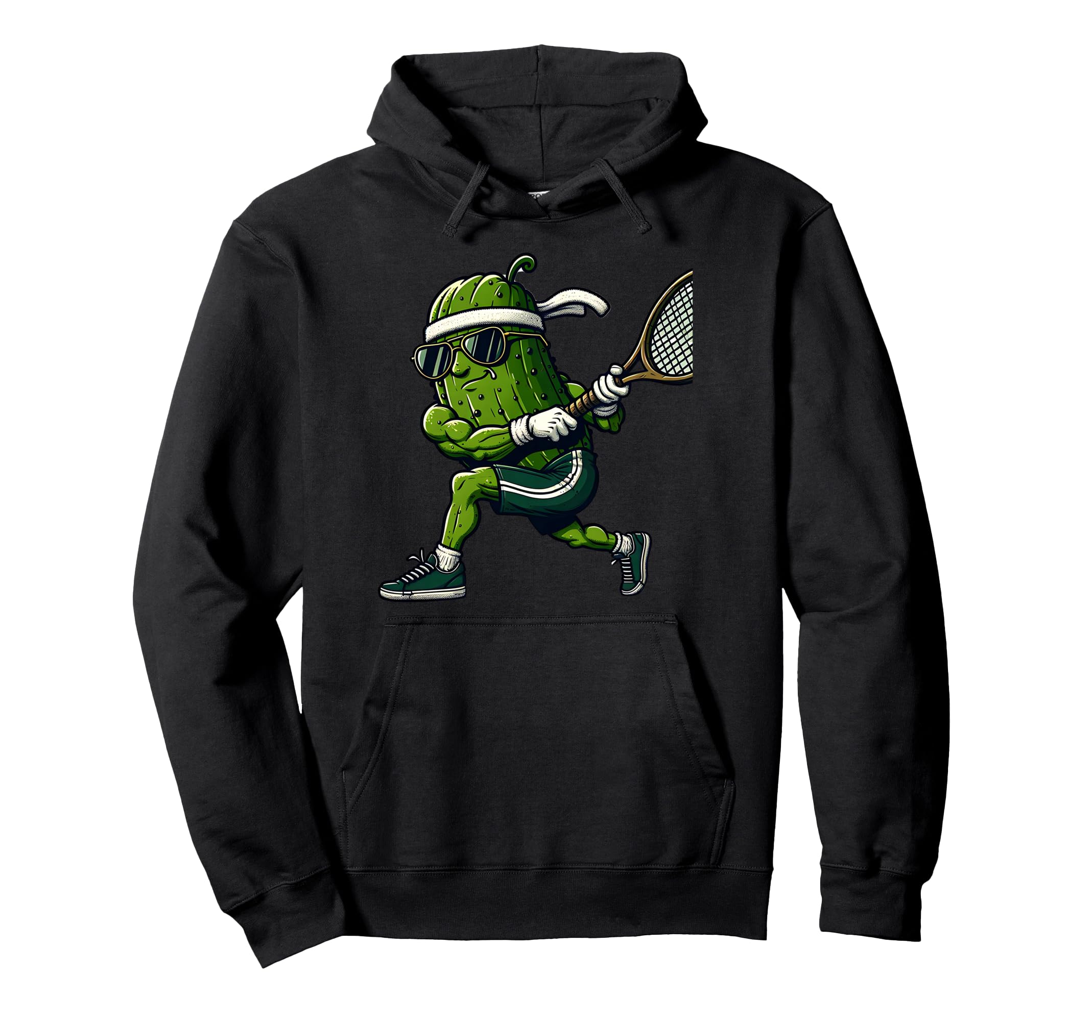 

Pickleball Cucumber Muscle Character Cool Sunglasses Hoodie Holding a Tennis Racket
