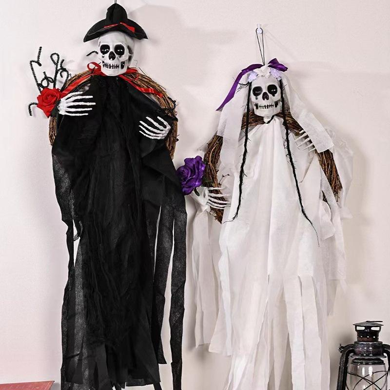 1 Stück Skelett Spukhaus Requisiten Anhänger Geisterbraut Bräutigam Rattanring Girlande Partyzubehör Halloween Deko
