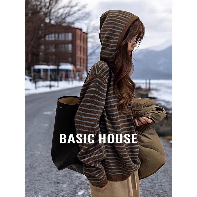 Basic House Women s Relaxed Striped Hooded Knit Sweater XL