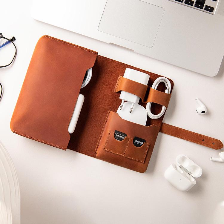 Cross-border Leather Cable Organizer: Portable Bag for Chargers, Earphones, and SD Cards