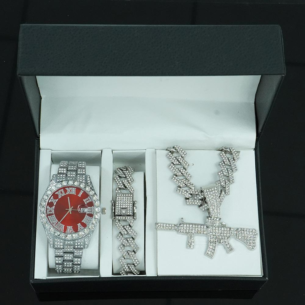 Hip Hop Persönlichkeit Pistolenanhänger Kubanische Kette Halskette Armband Uhr Set Modisches und Vielseitiges Herrenschmuck Geschenkbox Set