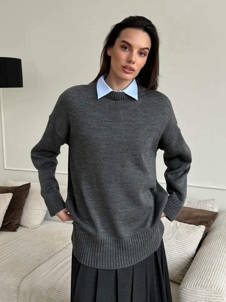 Crew neck pullover sweater, European & American 2025 autumn/winter slit solid color knit sweater, versatile warm casual sweater for women