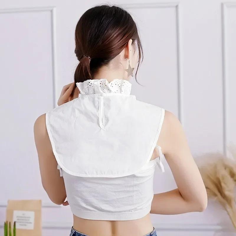 Women Stand Ruffled Fake Collar Lace Hollow Shirt Accessories Adjustable Necktie Dickey Detachable False Collar White Pullover