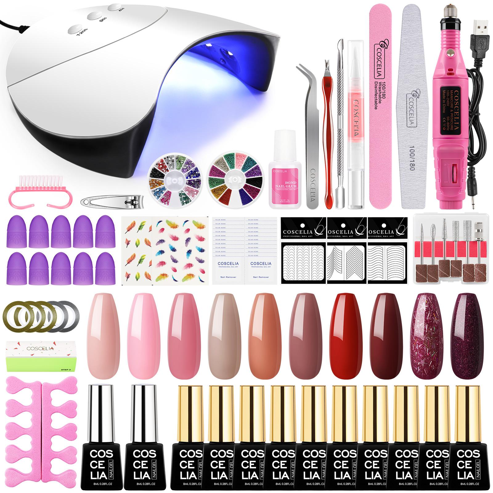 

COSCELIA Набор гель-лаков для ногтей 36 Вт Светодиодная лампа для ногтей 10 цветов Набор гель-лаков для ногтей 8 мл Набор гель-лаков с фрезой для ногтей Верхнее базовое покрытие Инструменты для дизайна ногтей