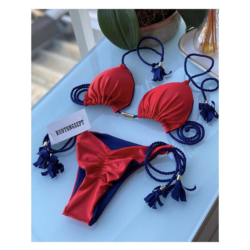 Costum de baie european și american geantă triunghiulară sexy pentru femeie Split Culoare uni Bikini sexy cu frânghie împletită multicoloră