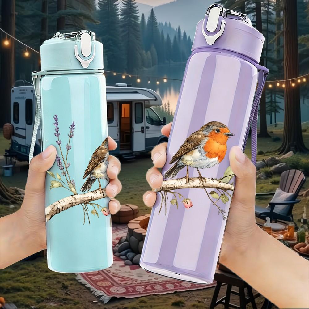 1PC Bird Lavender Branch Art Print 750ml Color Plastic Sports Water Bottle Leakproof Flip Straw Lid Suitable for Sports Office Home Use