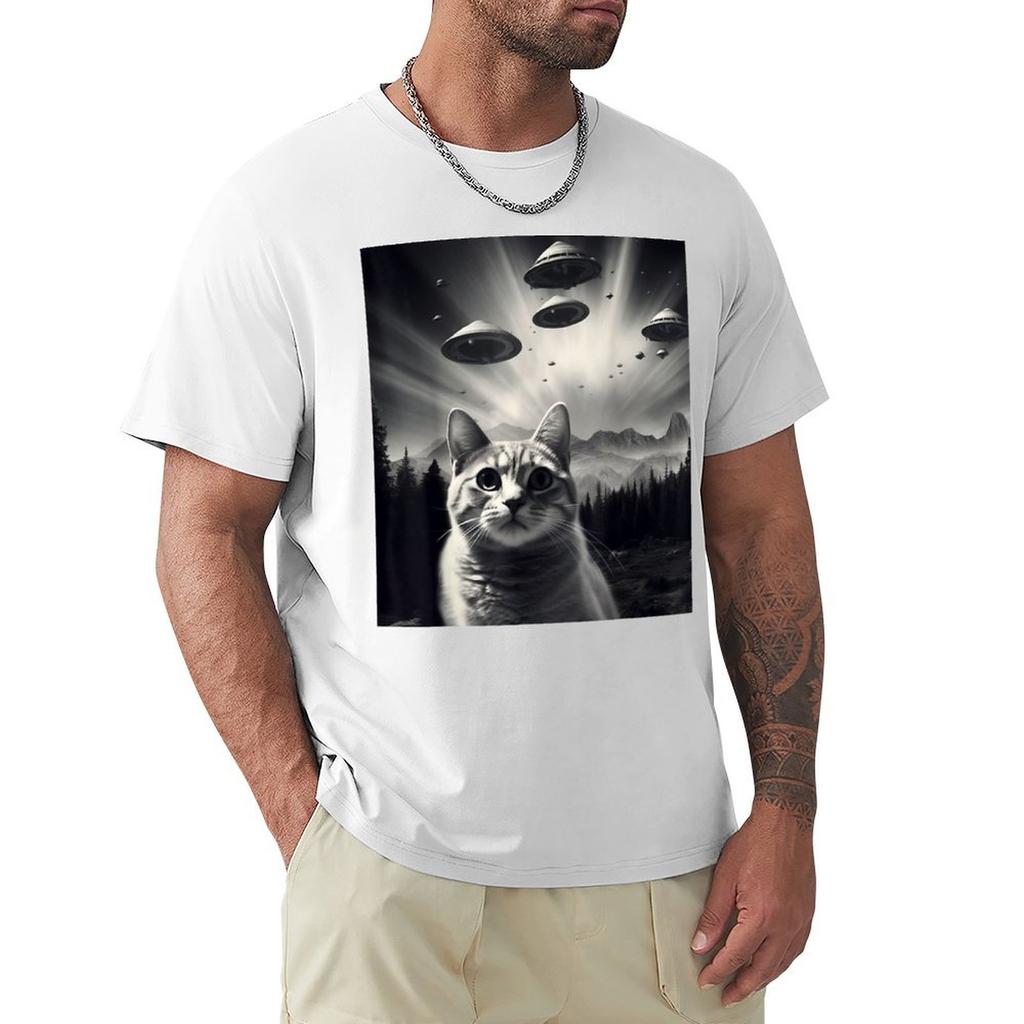 Funny Cat Selfie With Ufos Tshirt Casual Soft Cotton Short Sleeve Tee