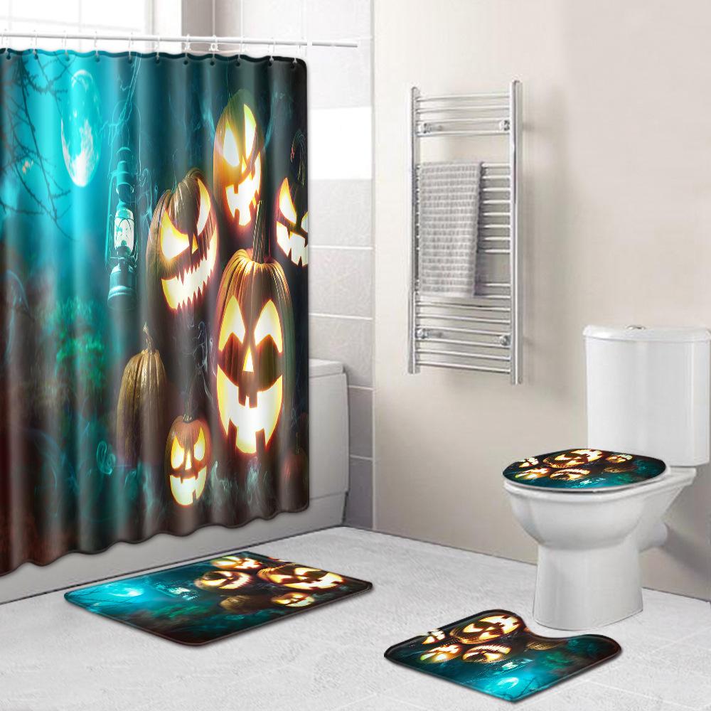 Halloween Shower Curtain Floor Mat Combination Four-Piece Set Bathroom Toilet Carpet Door Mat