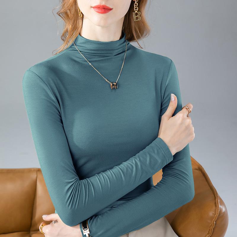 Half High Collar Base Shirt for Women Modal Long Sleeved T-shirt Warm Inner Layer with Thick Velvet Top