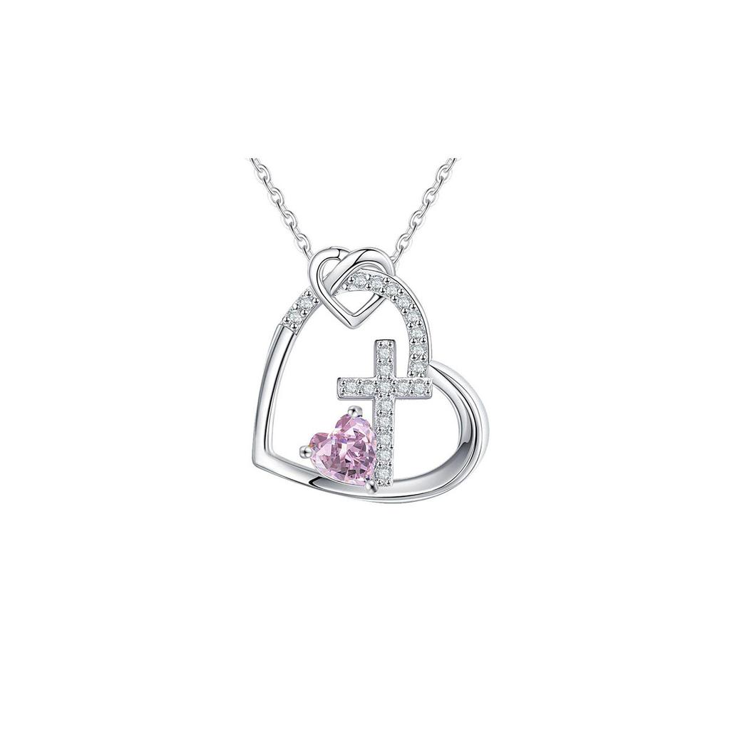 Love Cross Pendant Heart-Shaped Birthstone Necklace Popular Love Cross