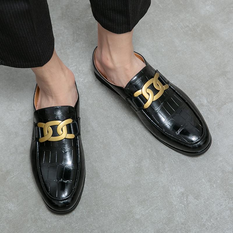 Fashion 2024 Italian Mens Slippers Leather Muller Shoes Men Loafers Outdoor Non-slip Black Casual Half Slipper Men Fashion Footwear Man