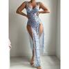 Women S Sexy Lingerie Two Piece Set Pink Split Thong Long Dress