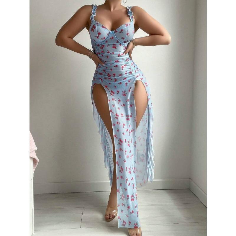 Women S Sexy Lingerie Two Piece Set Pink Split Thong Long Dress