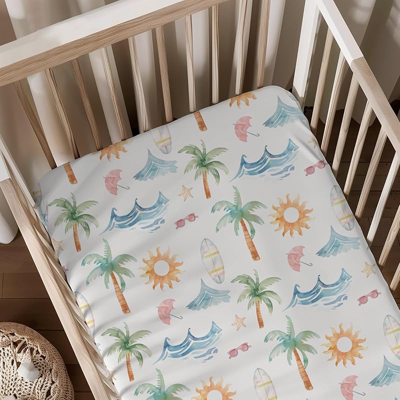 Summer Palm Coconut Sun Leaves Pattern Baby Sheets for Crib, Unisex Summer Theme Nursery Fitted Bed Sheet for Boys Girls Standard Crib and Toddler