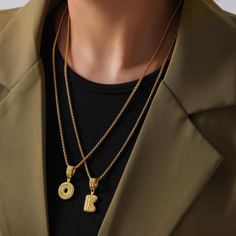 Minimalist Letter Inlaid Diamond Copper Pendant Necklace with Long Box Chain in Gold-Plated Titanium Steel
