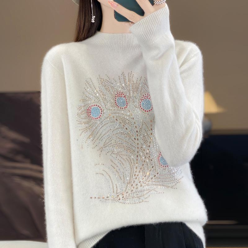 

Женский осенний трикотажный пуловер с полувысоким воротом и стразами - Свободный, Приталенный, Модный XXL белый