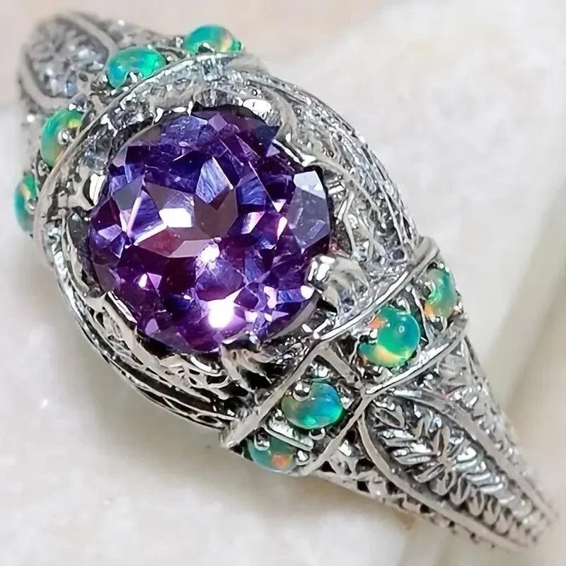 2025 New Purple Cubic Zirconia Ring with Sparkling Square Crystal, High End Women's Personalized Fashion Cocktail Party Zircon