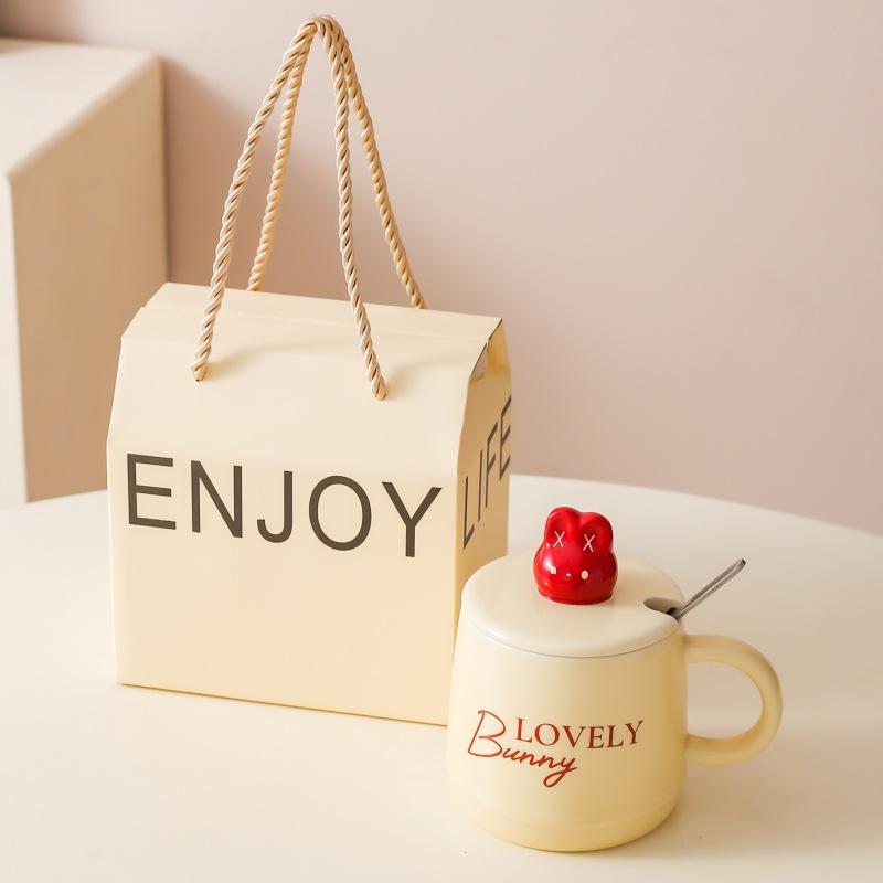 Cartoon cute rabbit ceramic mug household milk cup breakfast cup with lid gift water cup couple coffee cup