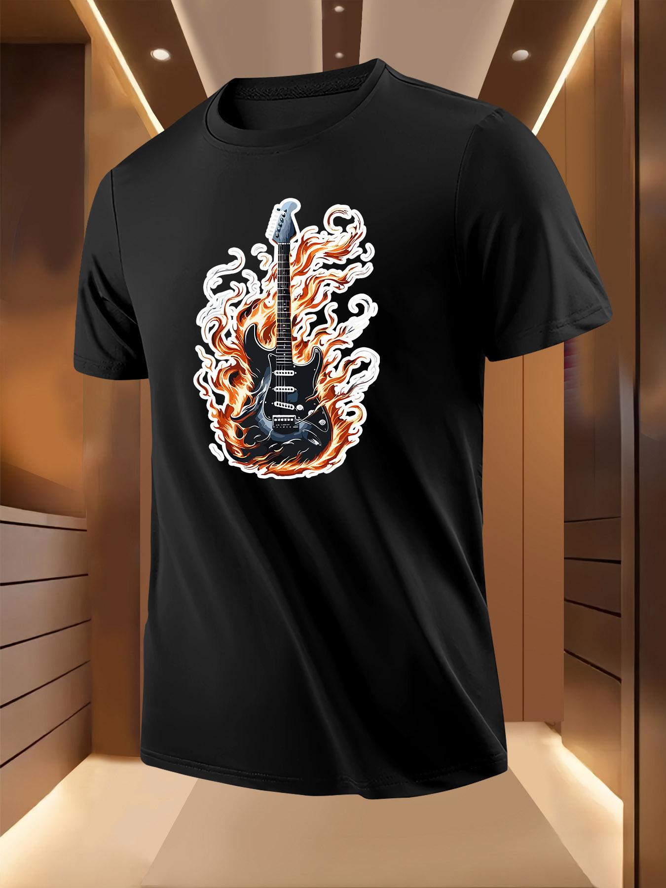 Summer Tshirt with Bold Flame Guitar Print S