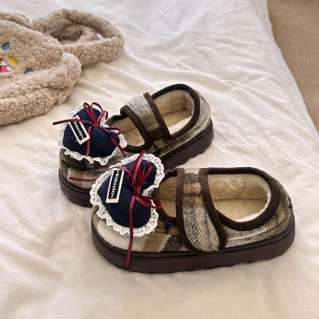Korean version of cute Mickey plaid cotton shoes for women's 2025 new home warmth and outer wear thick-soled plush cotton shoes